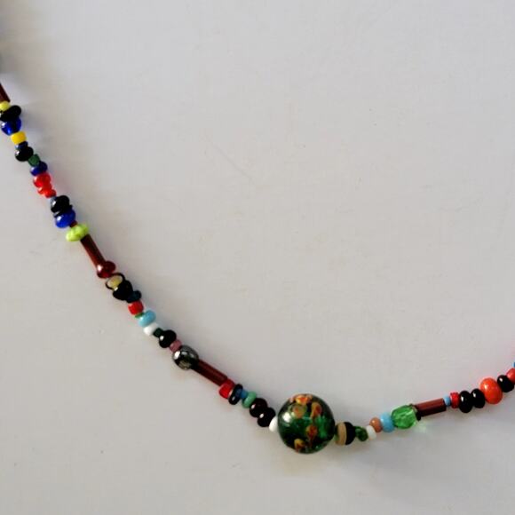 Boho Multicolor Beaded Necklace with Glass and Ceramic Beads Eclectic Jewelry - Picture 2 of 10